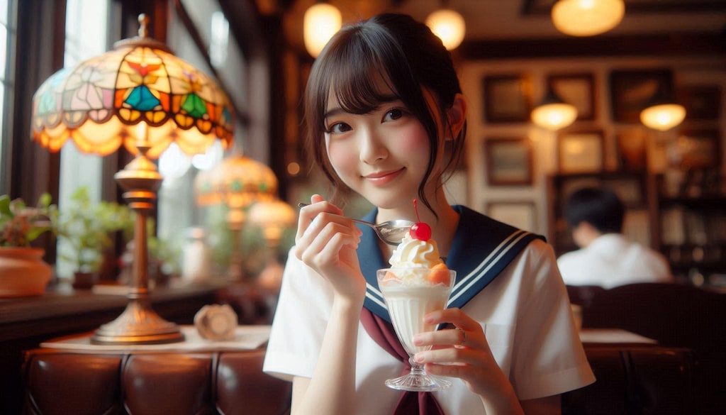 レトロな喫茶店でクリームパフェをおいしそうに食べる女子高生達