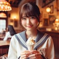 レトロな喫茶店でクリームパフェをおいしそうに食べる女子高生達 4枚目