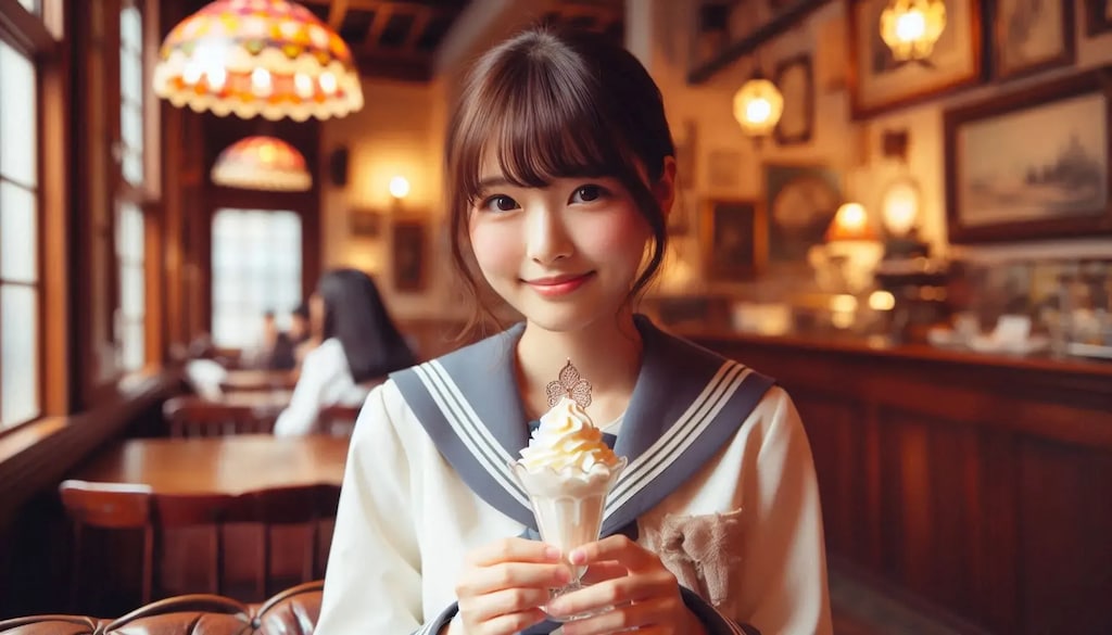レトロな喫茶店でクリームパフェをおいしそうに食べる女子高生達