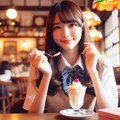 レトロな喫茶店でクリームパフェをおいしそうに食べる女子高生達 3枚目