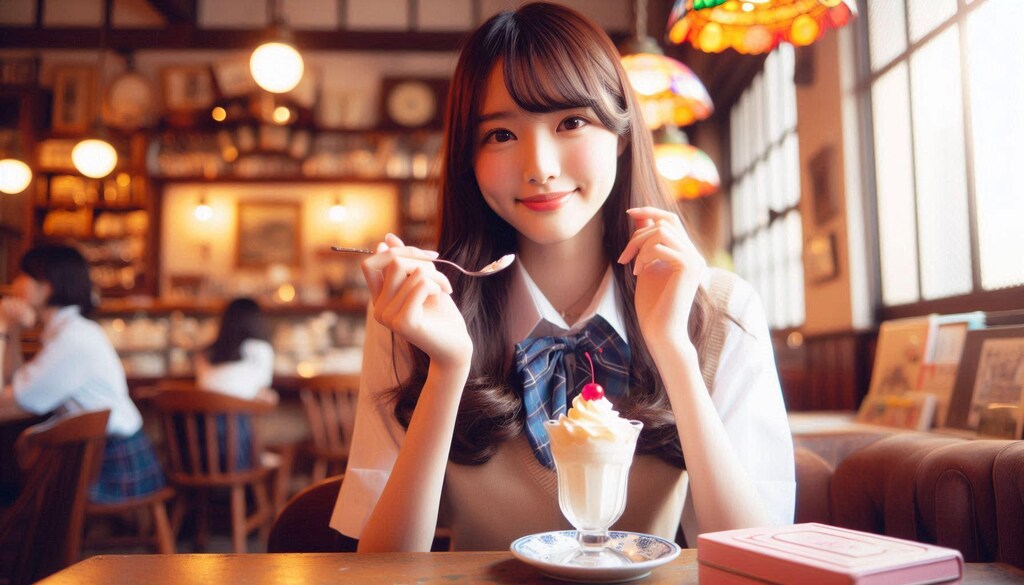 レトロな喫茶店でクリームパフェをおいしそうに食べる女子高生達