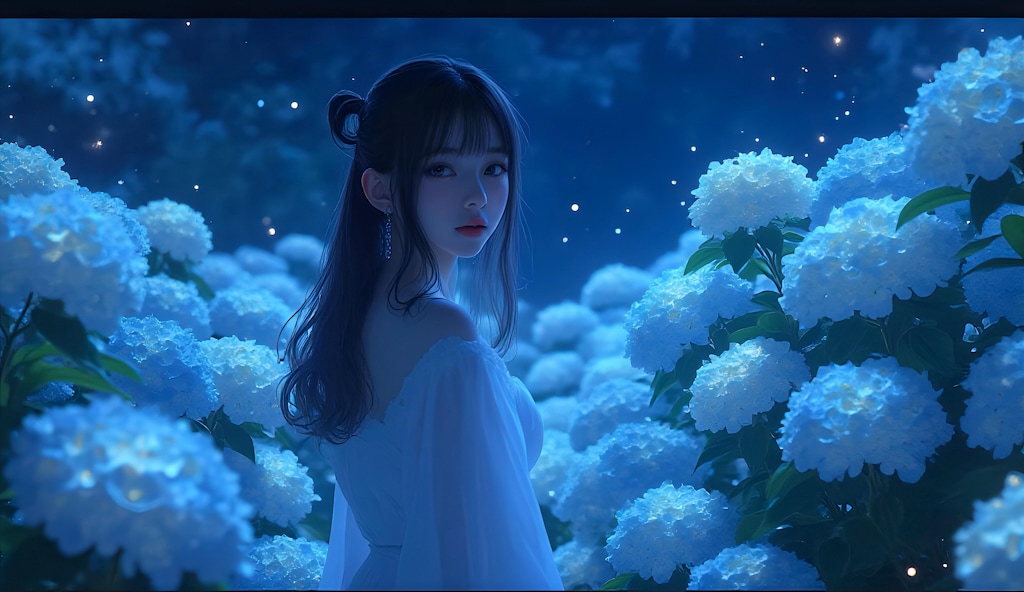 月明かりに輝く青い紫陽花の少女
