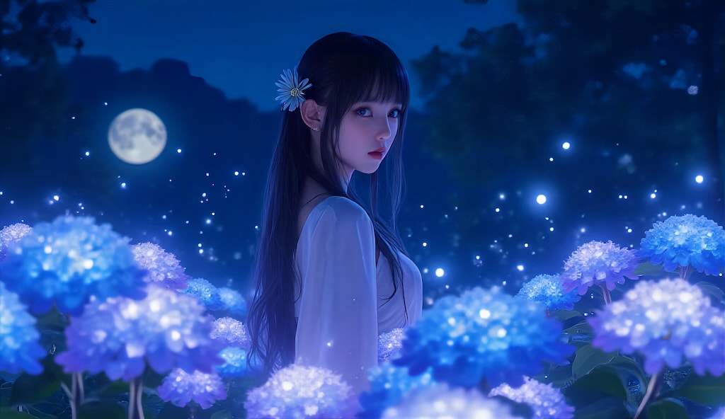 月明かりに輝く青い紫陽花の少女