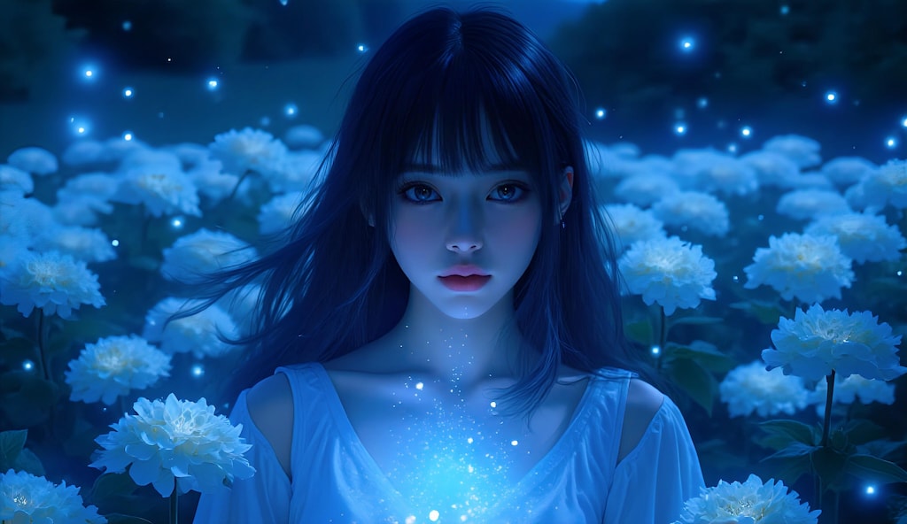 月明かりに輝く青い紫陽花の少女