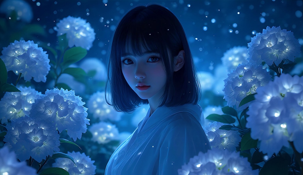 月明かりに輝く青い紫陽花の少女
