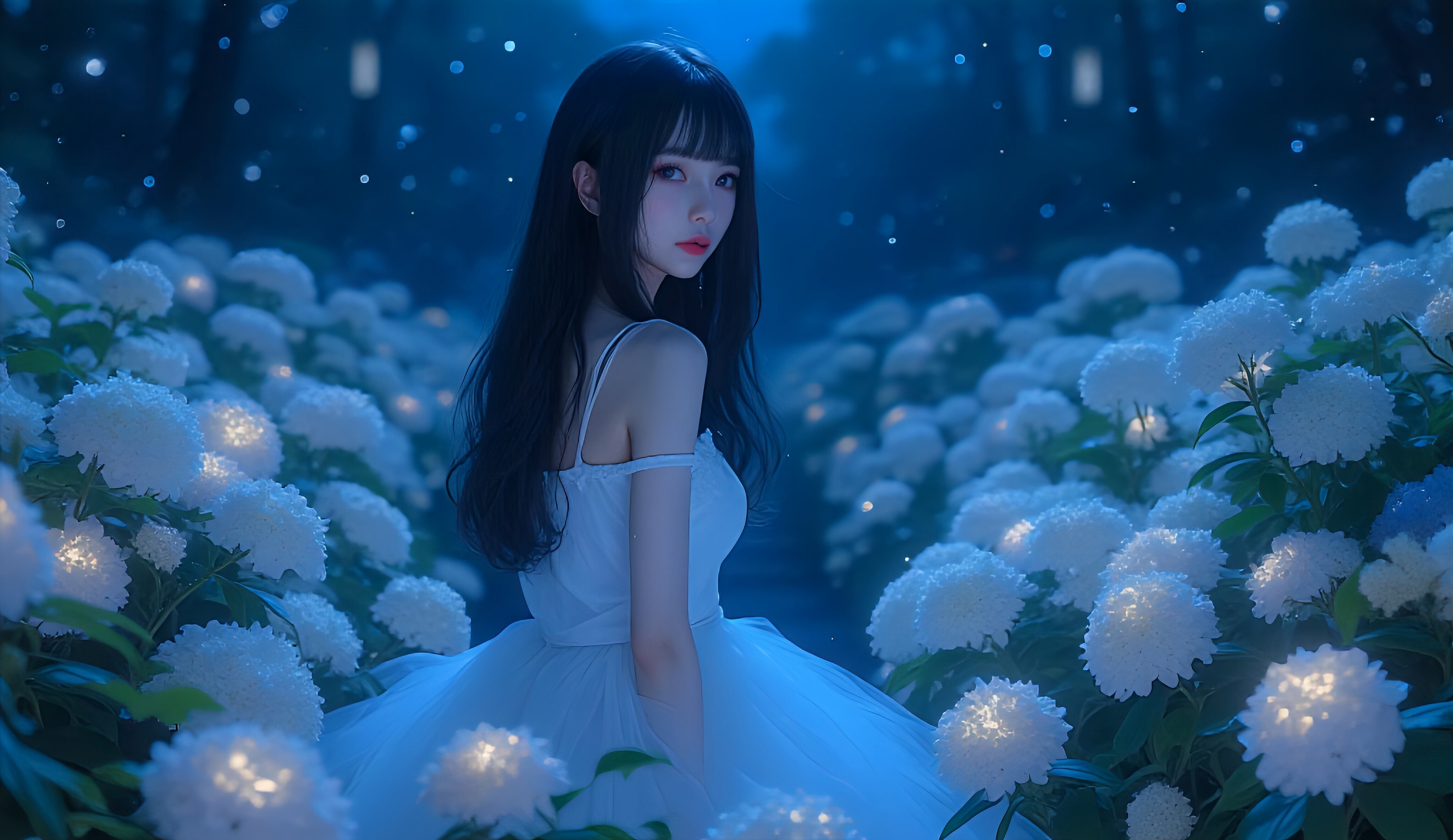 月明かりに輝く青い紫陽花の少女