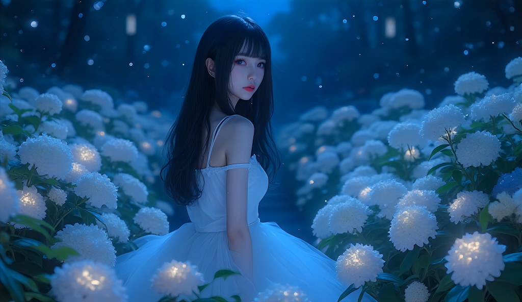 月明かりに輝く青い紫陽花の少女