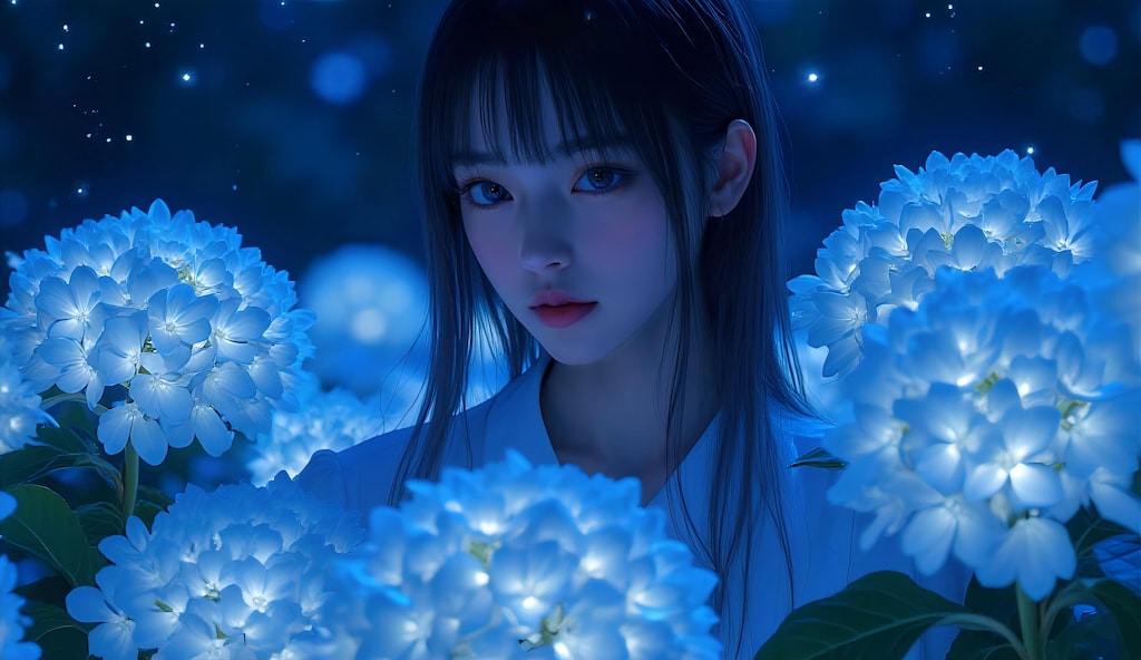 月明かりに輝く青い紫陽花の少女