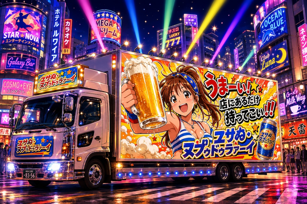 新しいビールの宣伝中！みんな飲んでね！