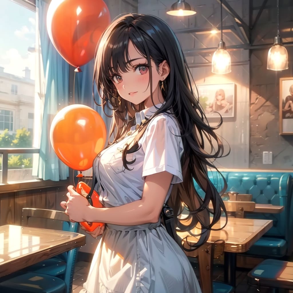 ファミリーレストランで風船を持つ黒髪ロングの美女店員さん。