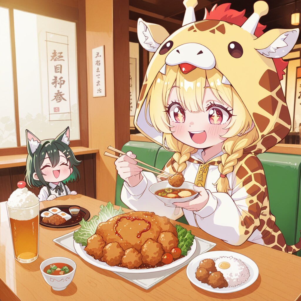 チキン南蛮を楽しむキリン着ぐるみちび子ちゃん