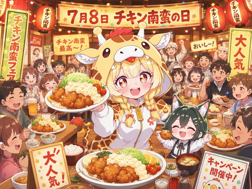 チキン南蛮を楽しむキリン着ぐるみちび子ちゃん