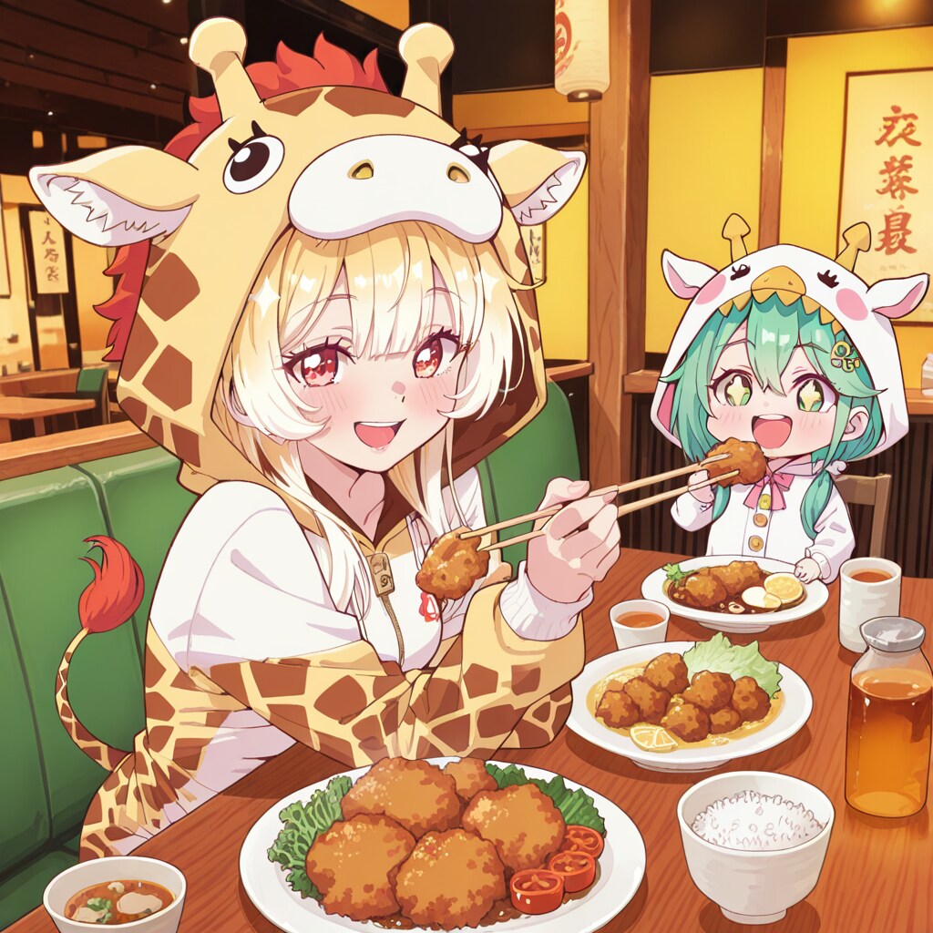 チキン南蛮を楽しむキリン着ぐるみちび子ちゃん