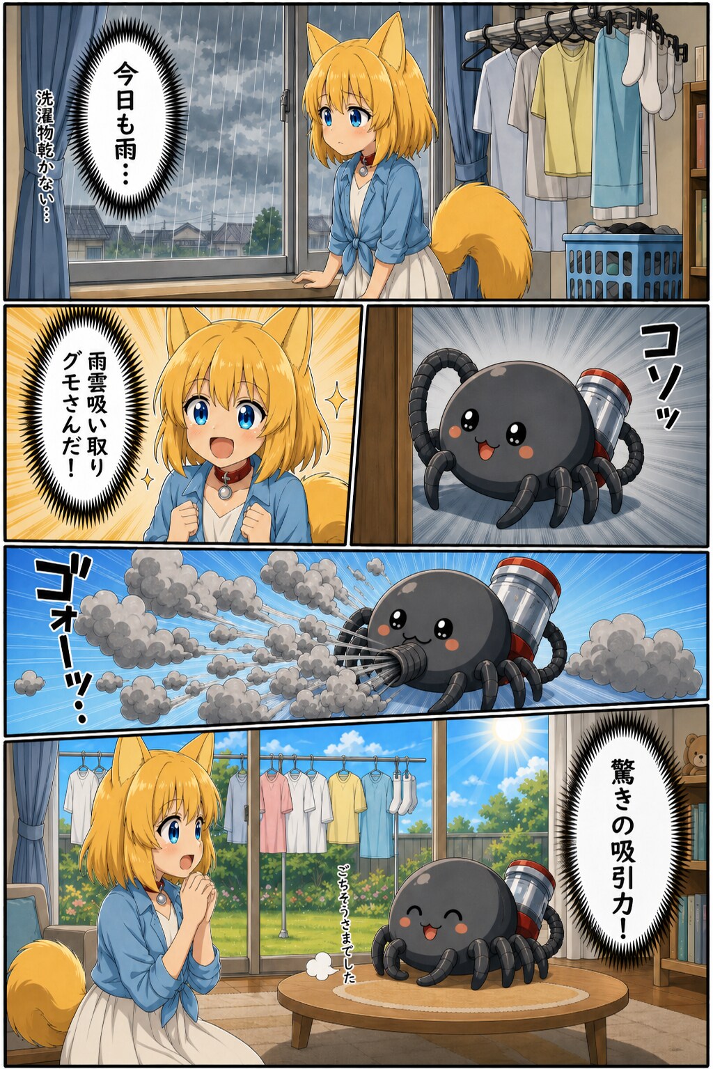 雨雲吸い取りグモさんにおひさまを出してもらうキツネ