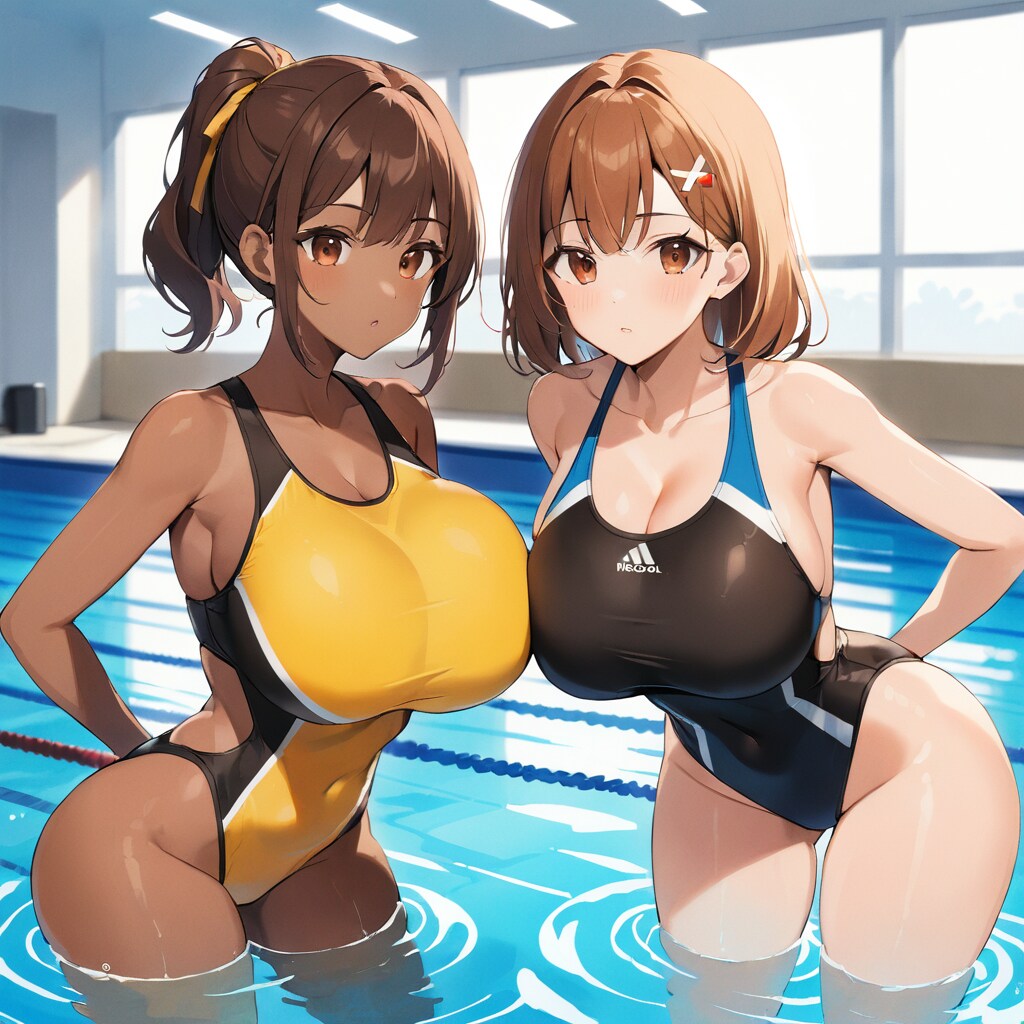 プールの中でお互いポカンとした顔の爆乳美女インストラクターコンビ