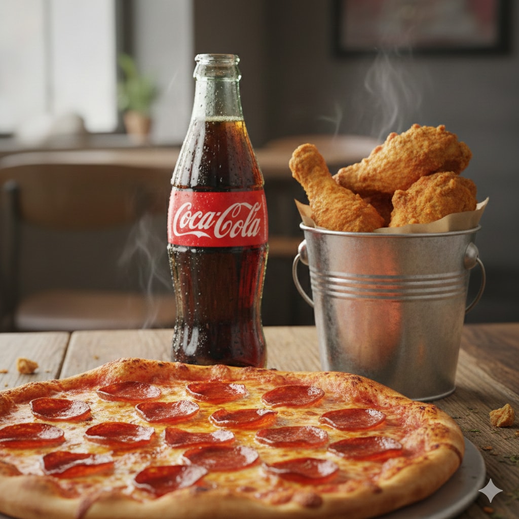 【昼食】ピザ、フライドチキン、コーラ