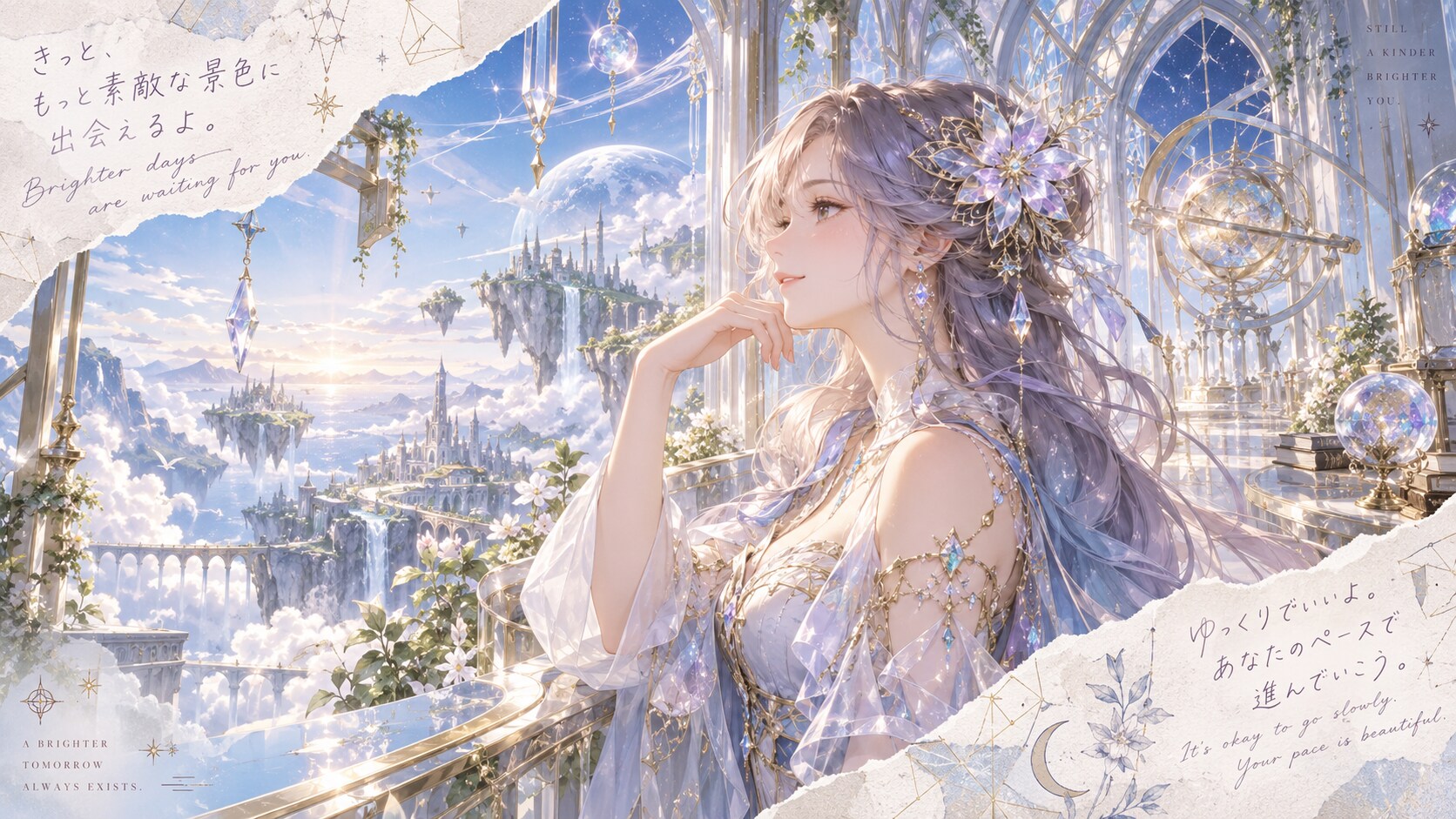 A quiet smile turned toward a sky kingdom of floating isles, waterfalls spilling past crystal towers | の人気AIイラスト・グラビア