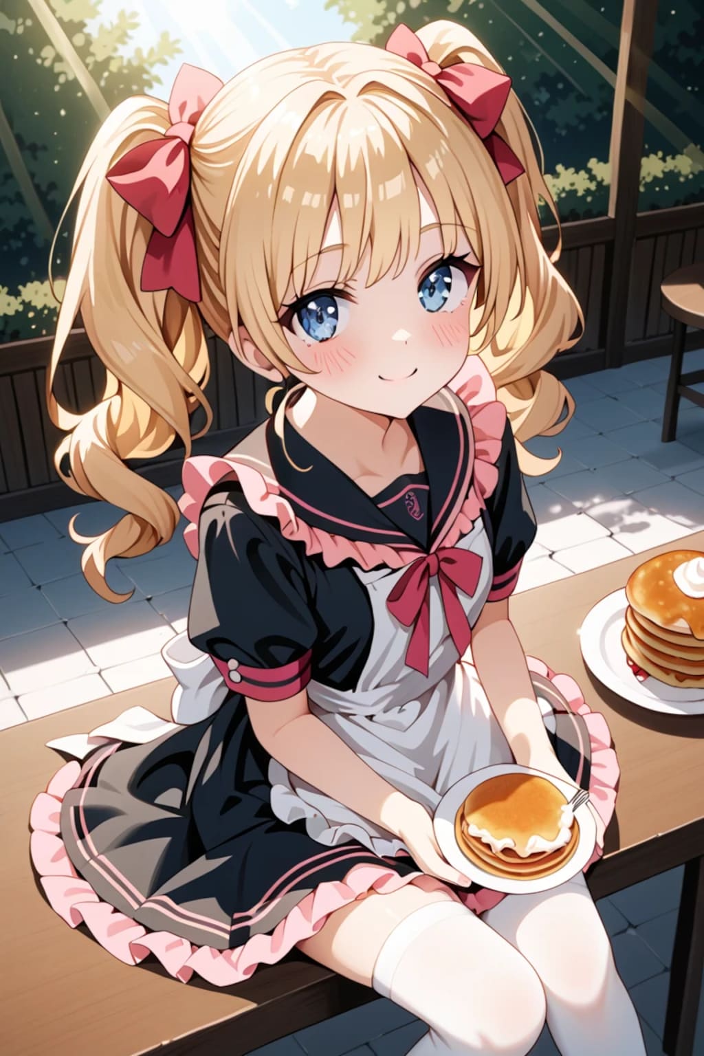 ホットケーキ持った金髪ツインテメイド莉奈ちゃん♡ テラスでかわいい笑顔🌸🍯