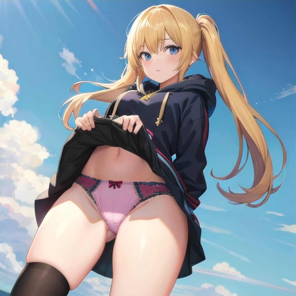 青空の下 開放的にたくしあげる女の子