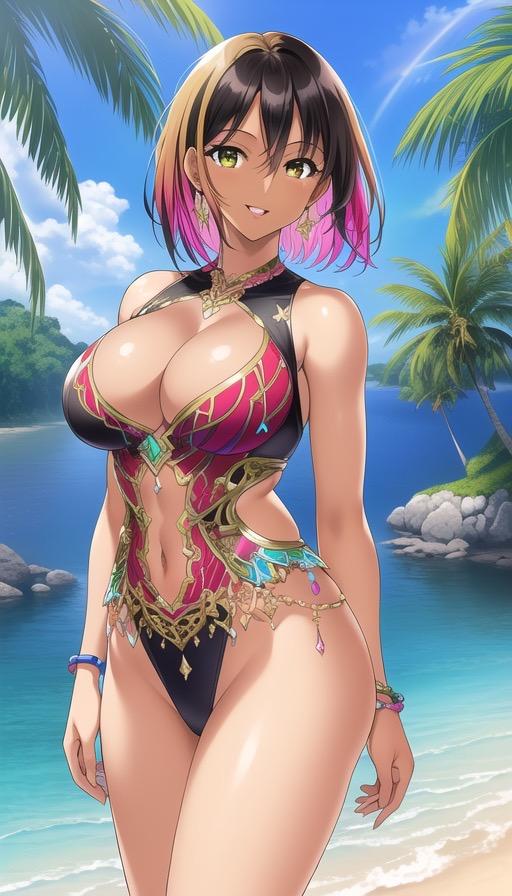 褐色黒髪ショートビキニギャルイラスト集