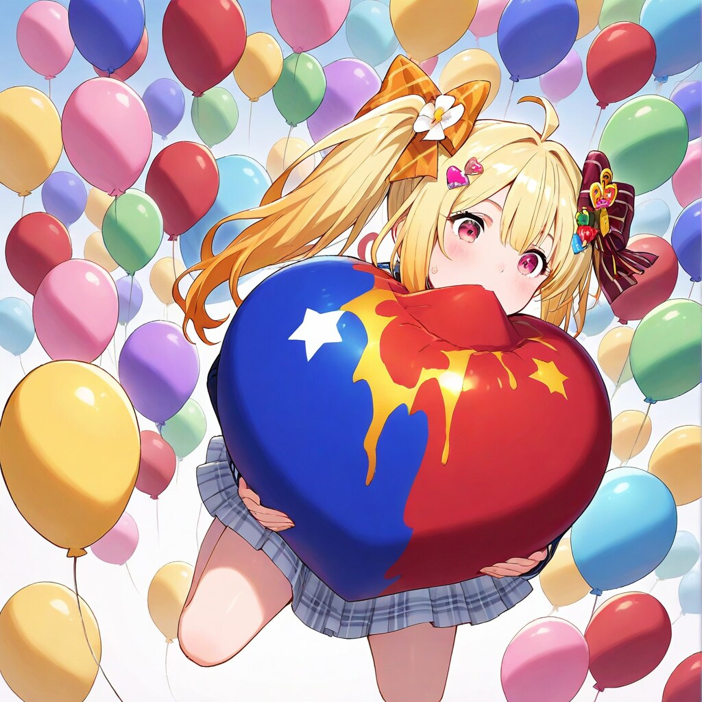 色とりどりの風船を膨らませて遊ぶ美少女