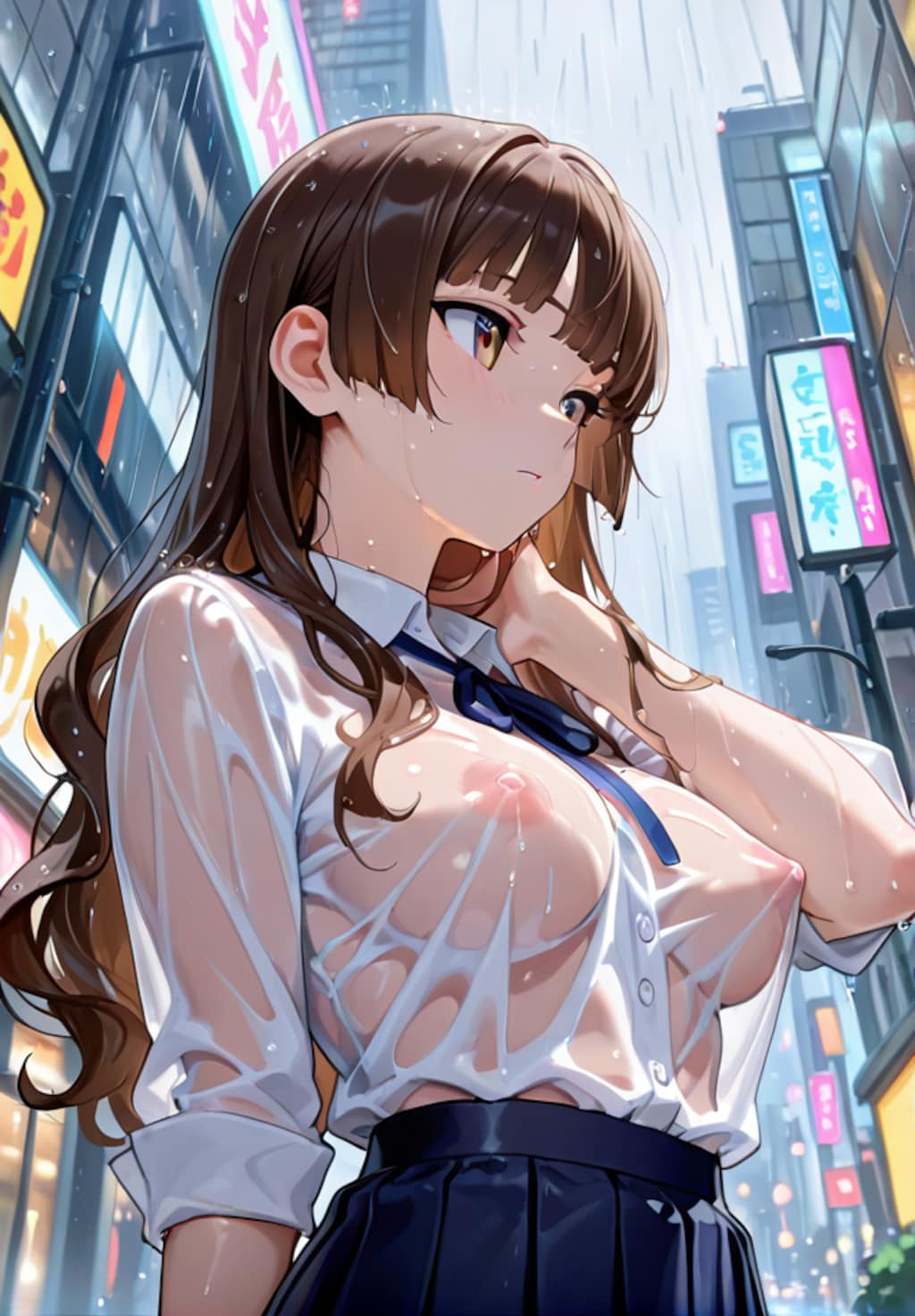 雨に透けるノーブラ少女