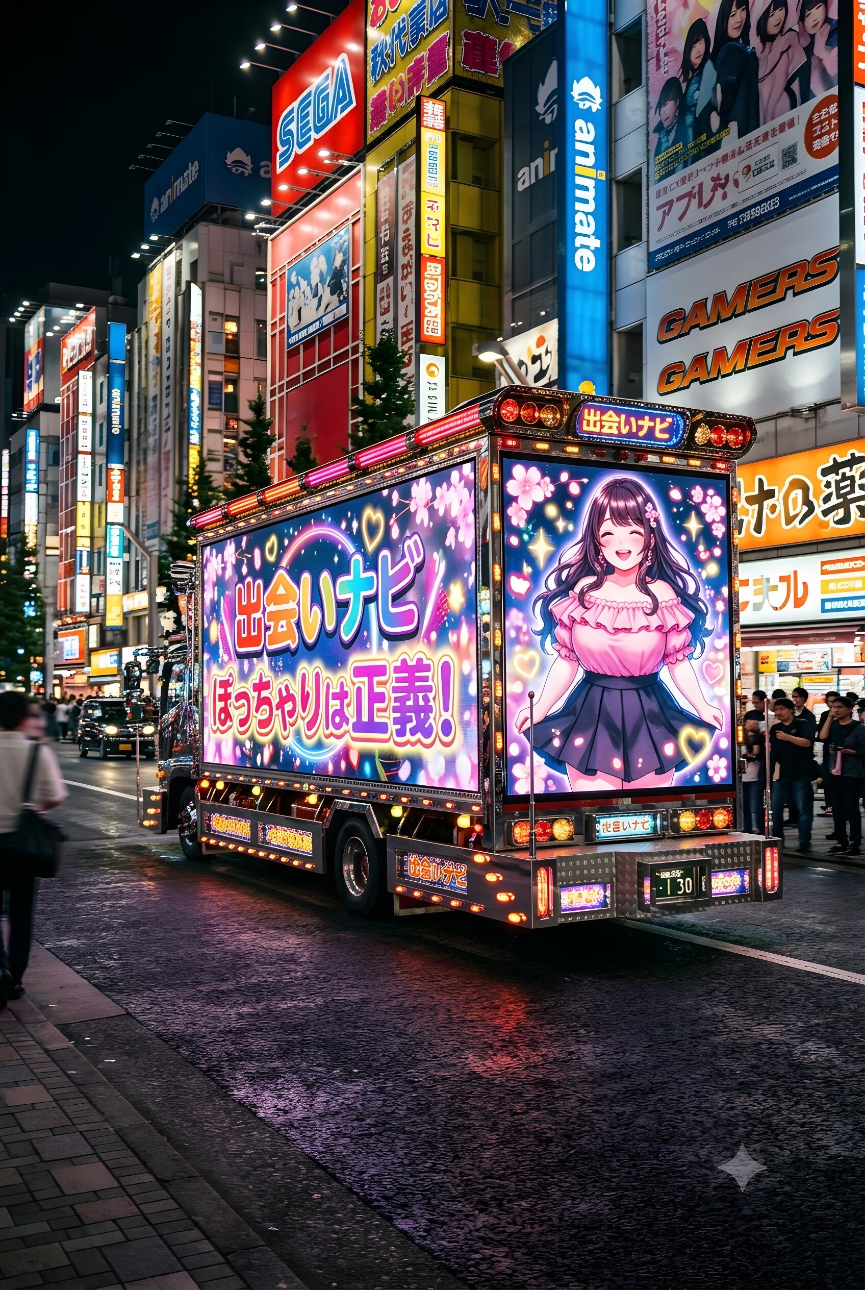 夜の秋葉原を走るアドトラック