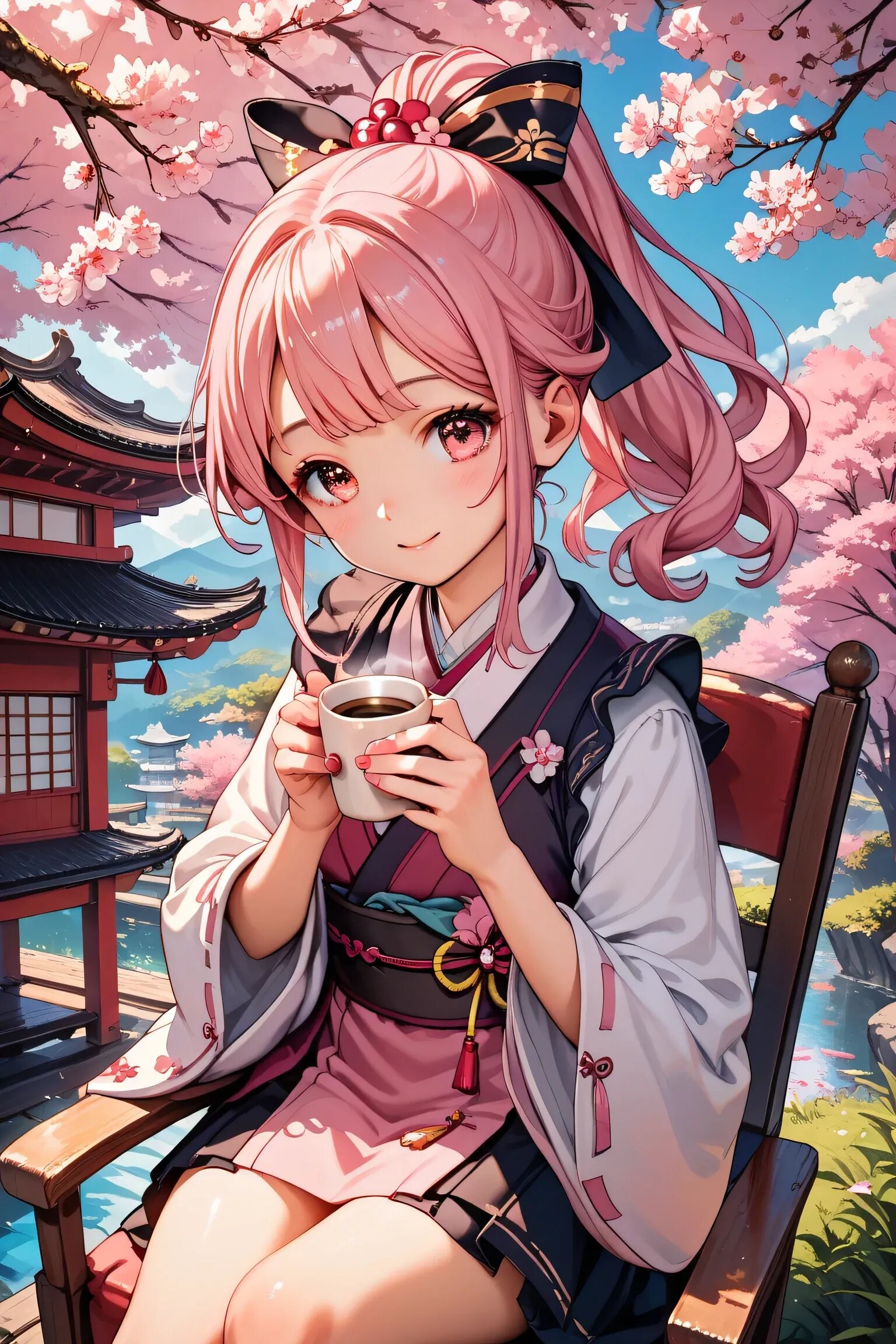 桜の中コーヒータイム☕ ピンクポニテちゃん | の人気AIイラスト・グラビア