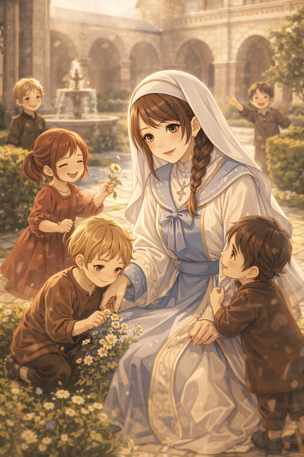 後宮の中庭で子供たちと遊ぶシスター