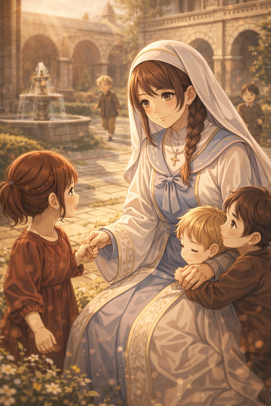 後宮の中庭で子供たちと遊ぶシスター | の人気AIイラスト・グラビア