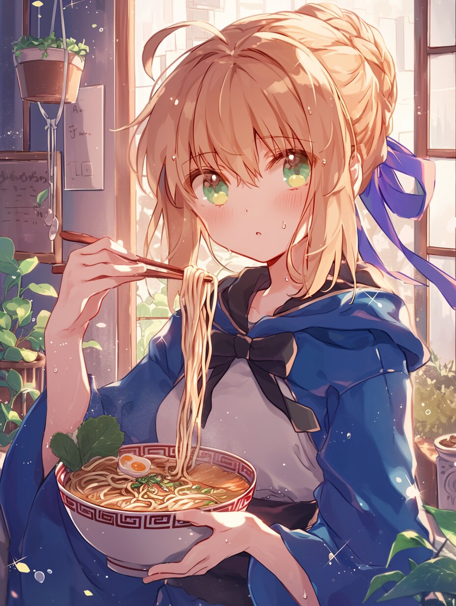 ラーメンを食べるセイバー