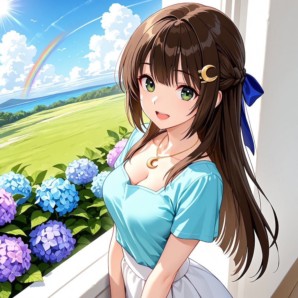 紫陽花と虹と月