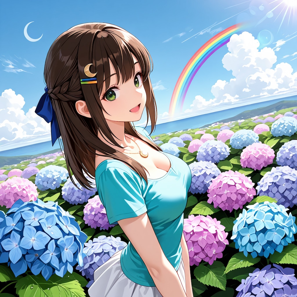 紫陽花と虹と月
