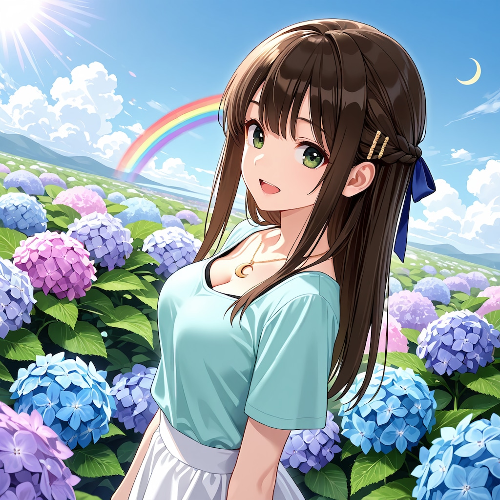 紫陽花と虹と月