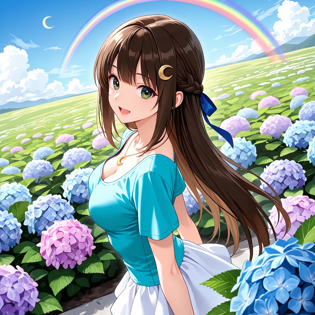 紫陽花と虹と月