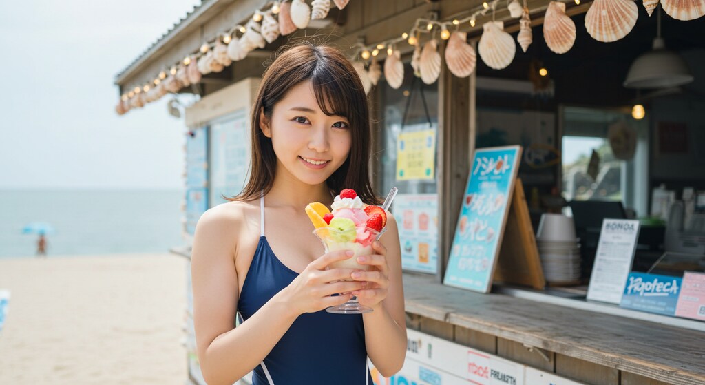 競泳美女、海の家