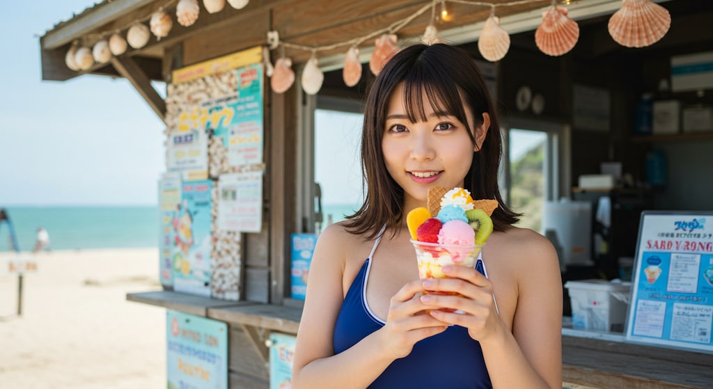 競泳美女、海の家