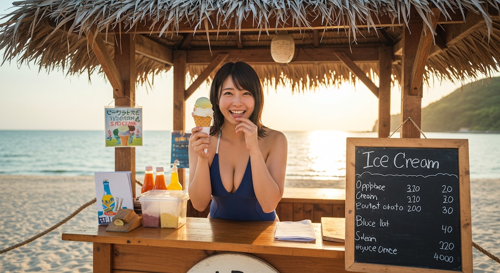 競泳美女、海の家