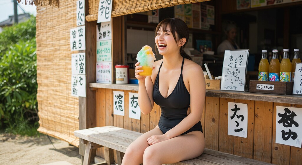 競泳美女、海の家