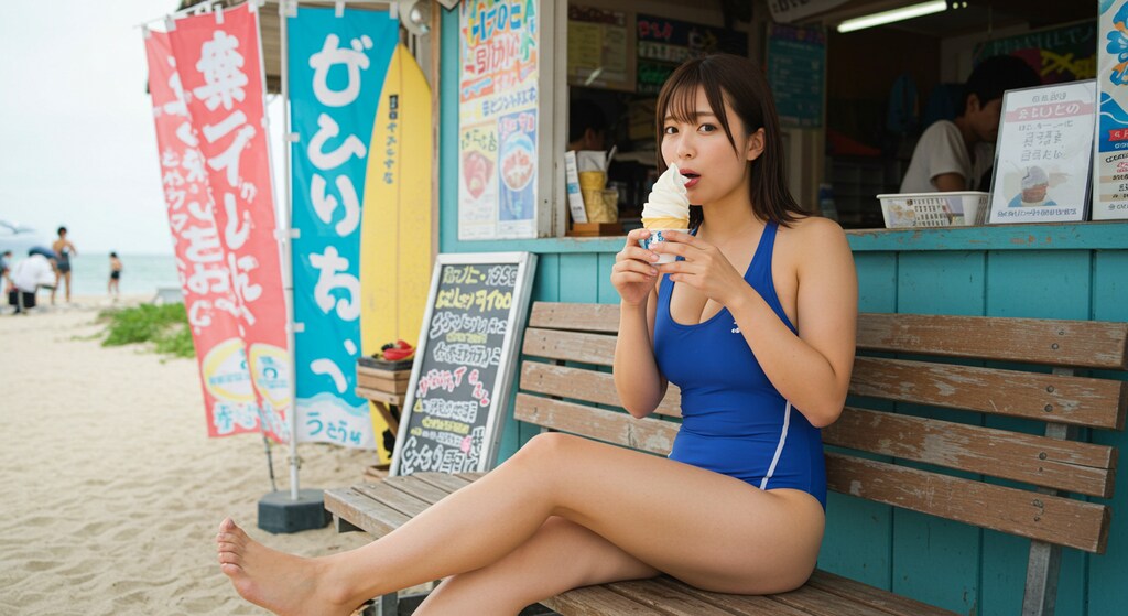 競泳美女、海の家