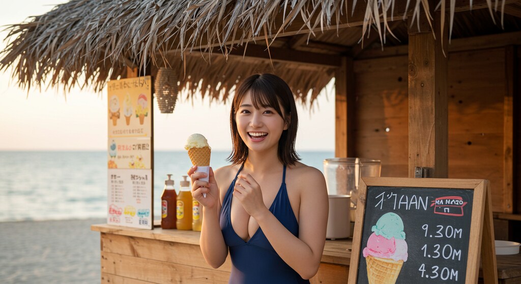 競泳美女、海の家