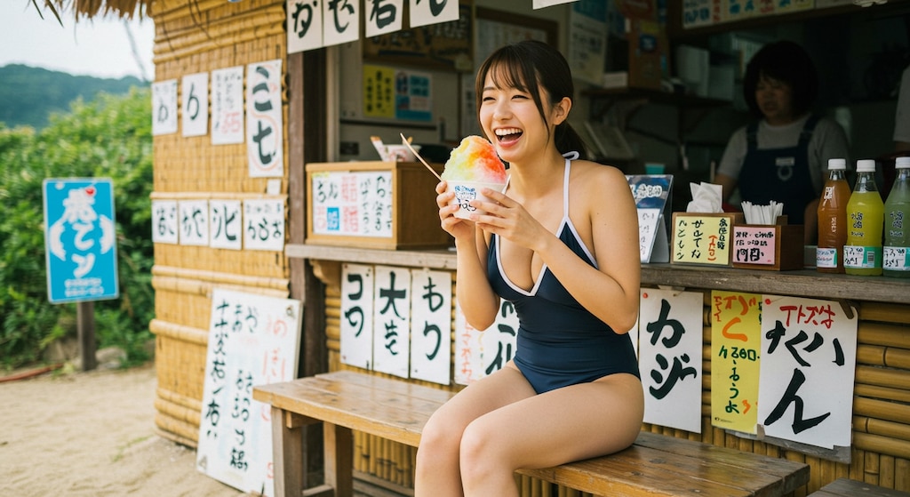 競泳美女、海の家