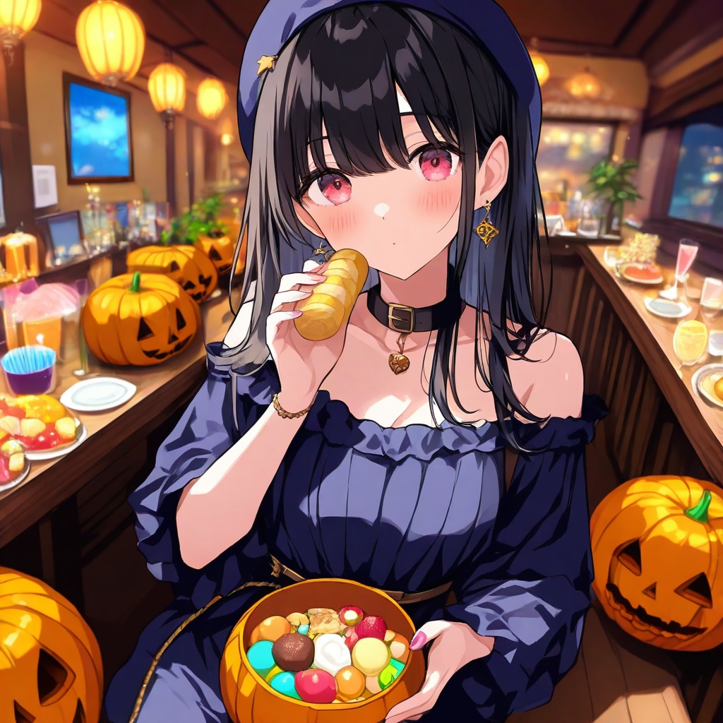 ハロウィンパーティーでいっぱい風船を持つハロウィン衣装の美女。