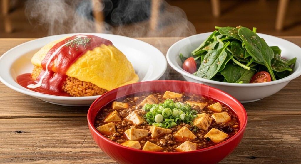 オムライスと麻婆豆腐とほうれん草のサラダ