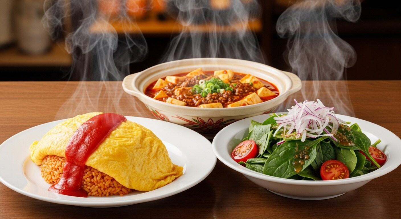 オムライスと麻婆豆腐とほうれん草のサラダ