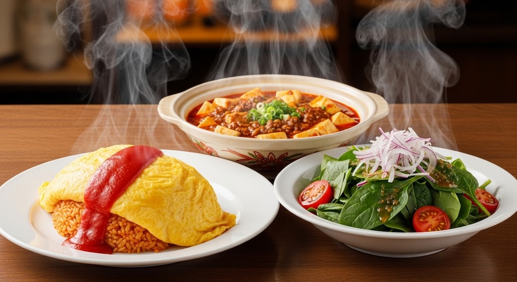 オムライスと麻婆豆腐とほうれん草のサラダ
