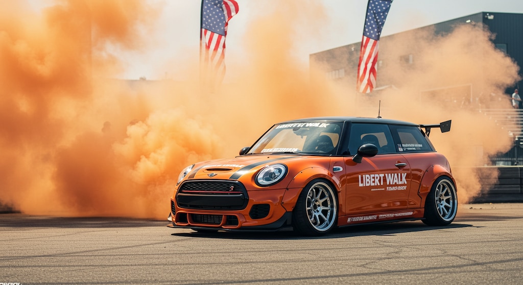 オレンジカラーリバティーウォークミニクーパーのドリ車　リメイク