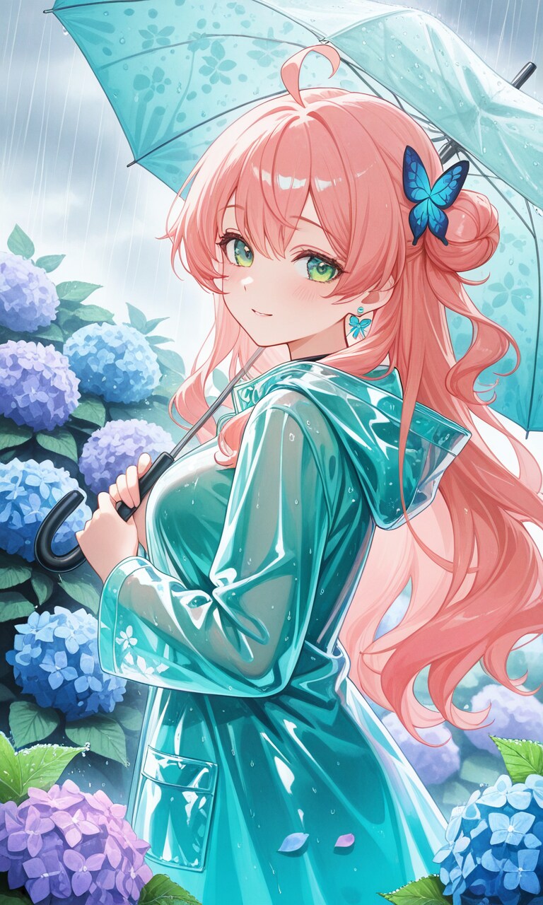 紫陽花とレインコート～振り向きver～