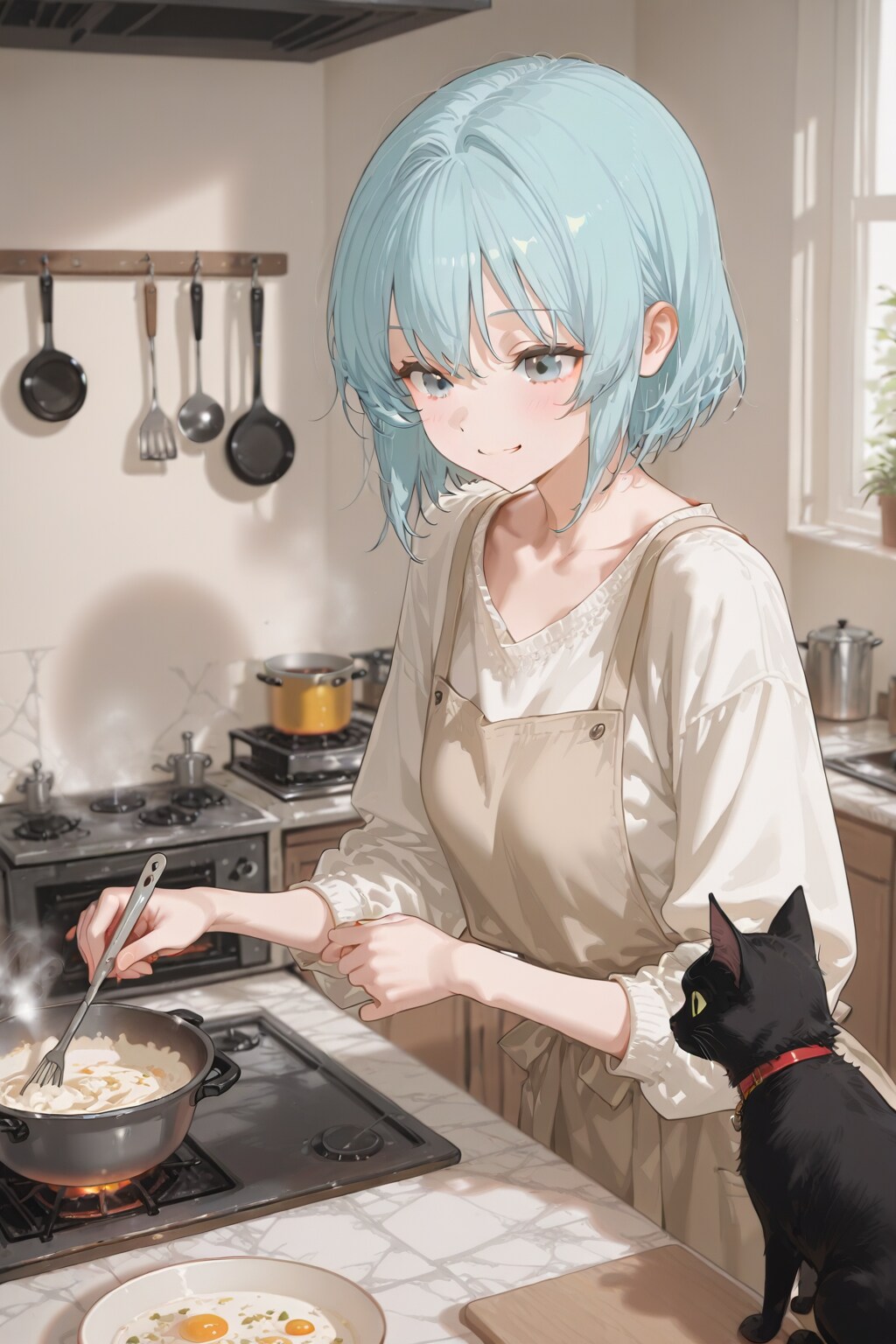 料理が気になる猫