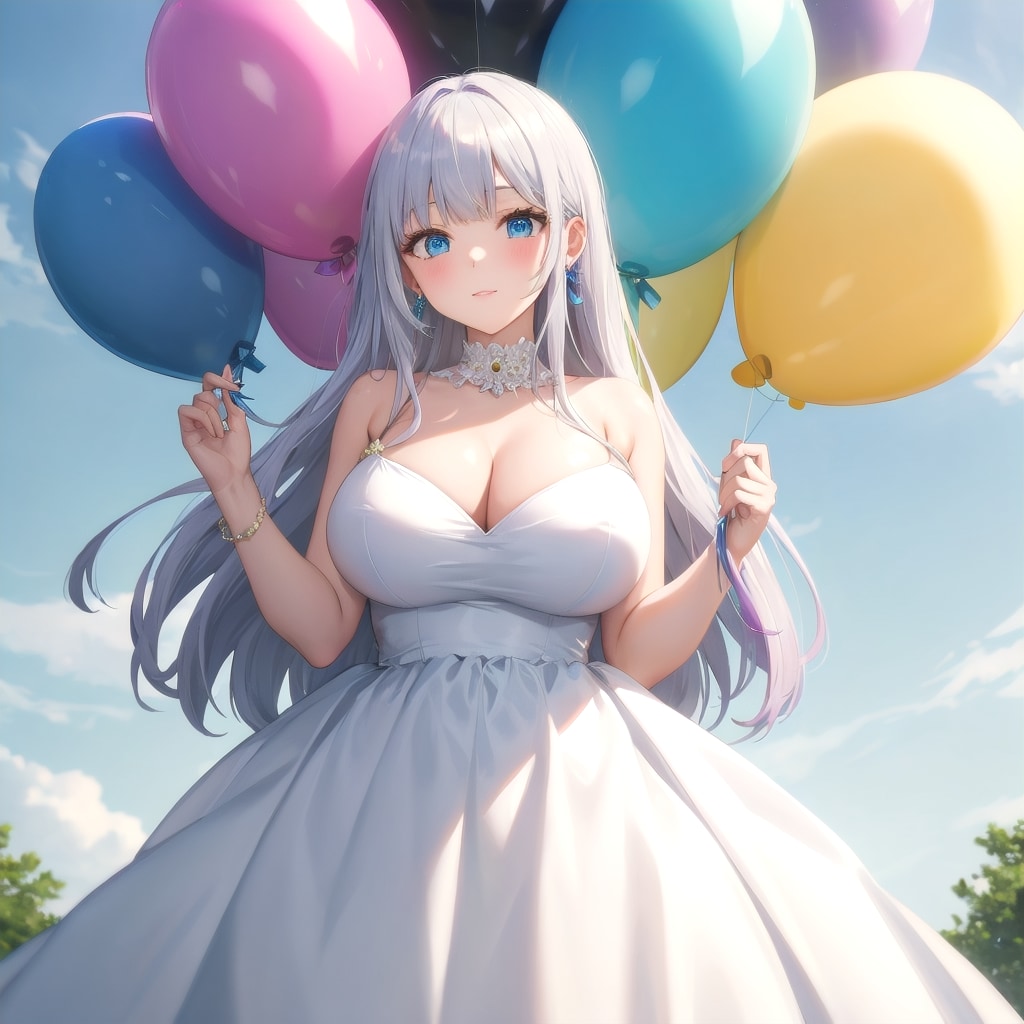 いっぱい色とりどりの風船を持つ銀髪ロングのウェディングドレス着た美女